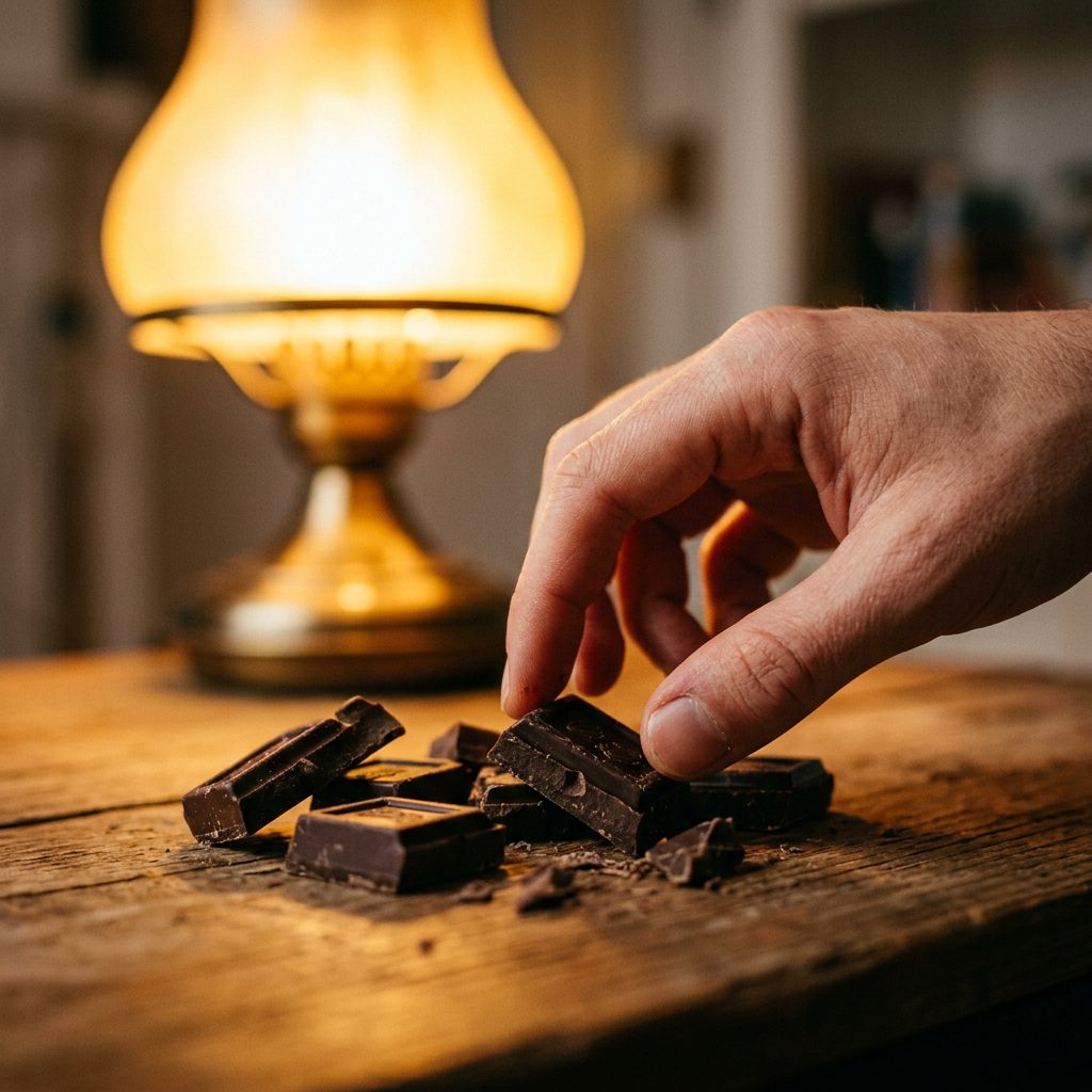 Hand picking a piece of dark chocolate from broken chunks on a wooden table