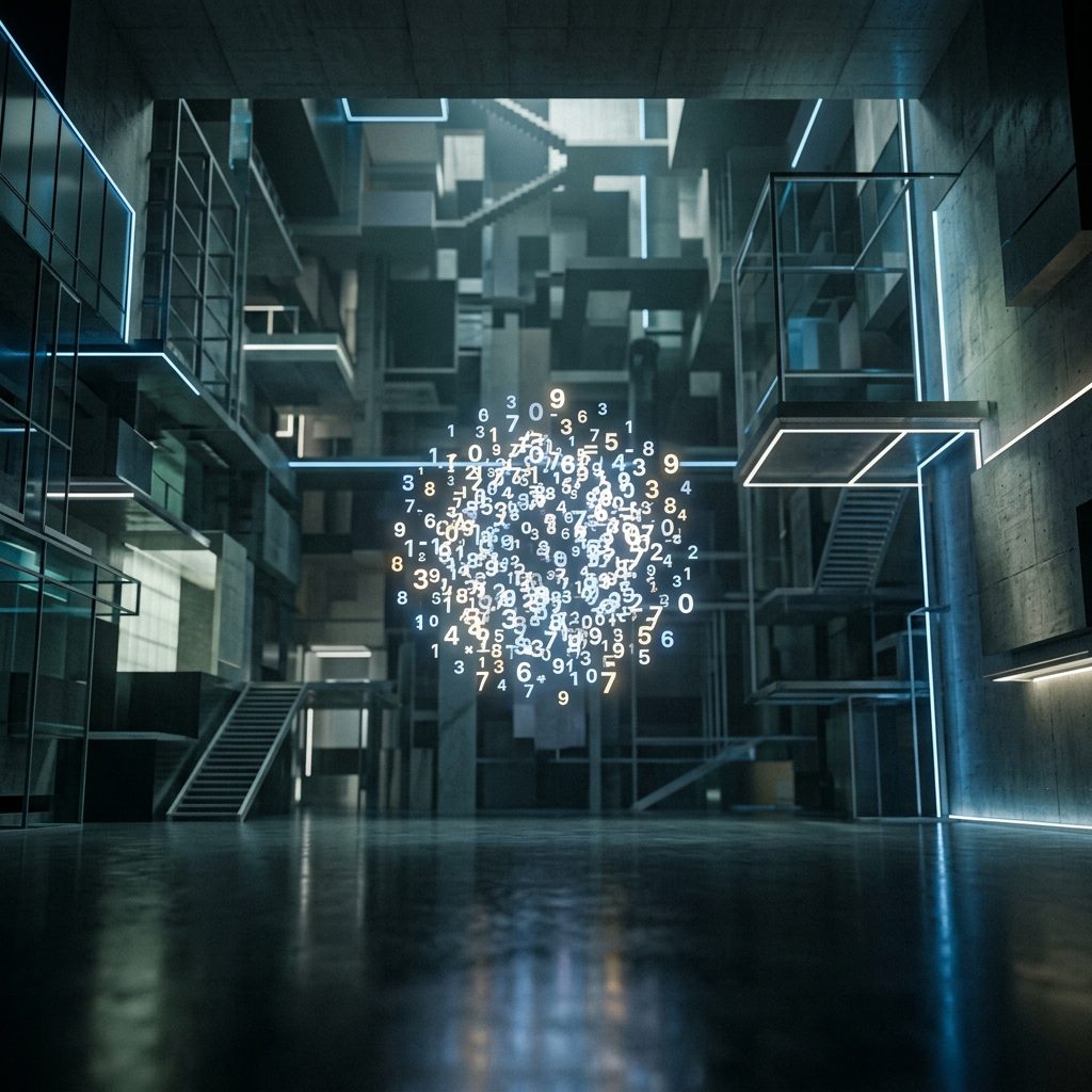 Glowing sphere of floating numbers in a futuristic industrial setting