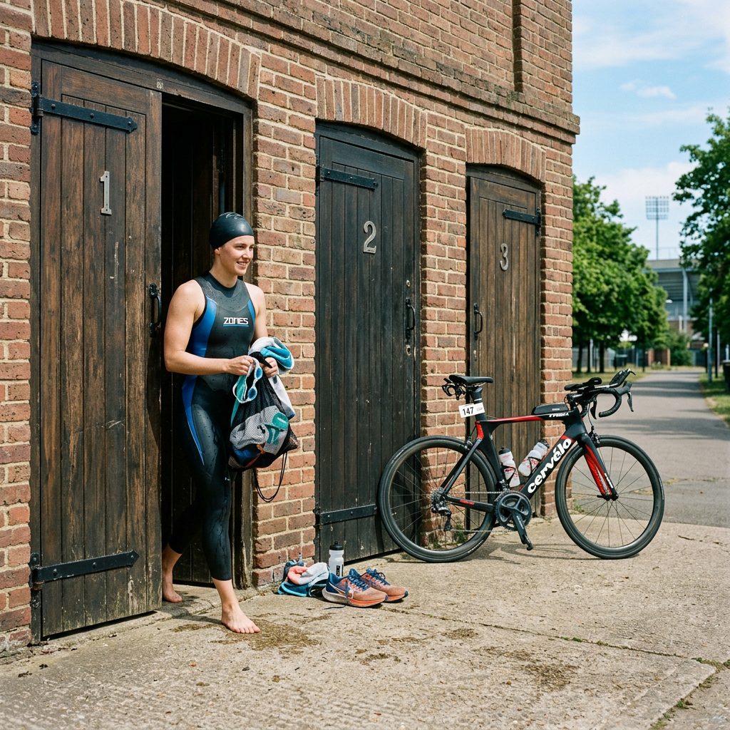 Triathlete in wetsuit standing barefoot outside a numbered changing room with a racing bike nearby