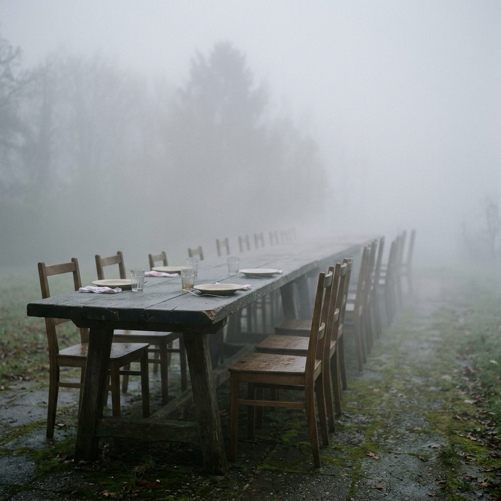 Long outdoor rustic dining table with wooden chairs and place settings in fog