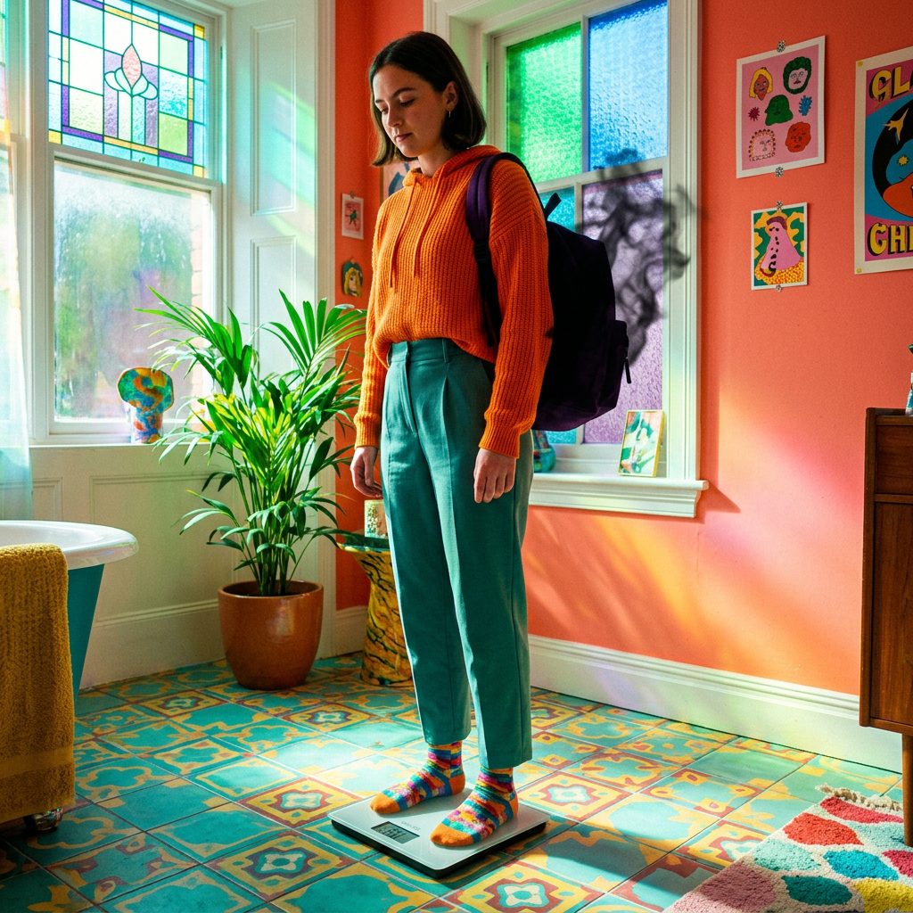 Person weighing themselves on digital scale in colorful room