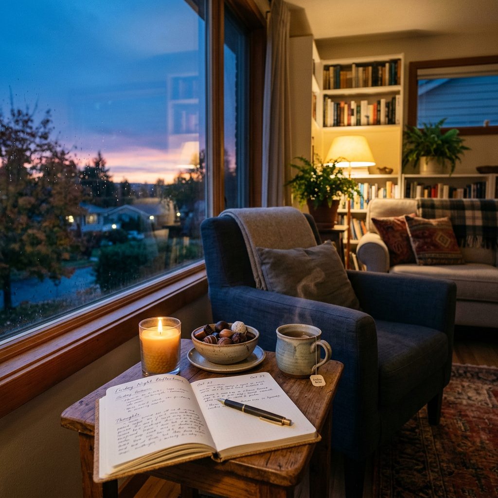 Cozy chair and wooden table with candle, journal, tea, and bowl of nuts by a large window at dusk