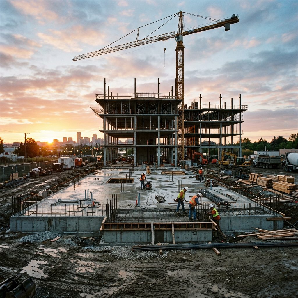 Construction workers working on concrete foundation with crane and building frame at sunset