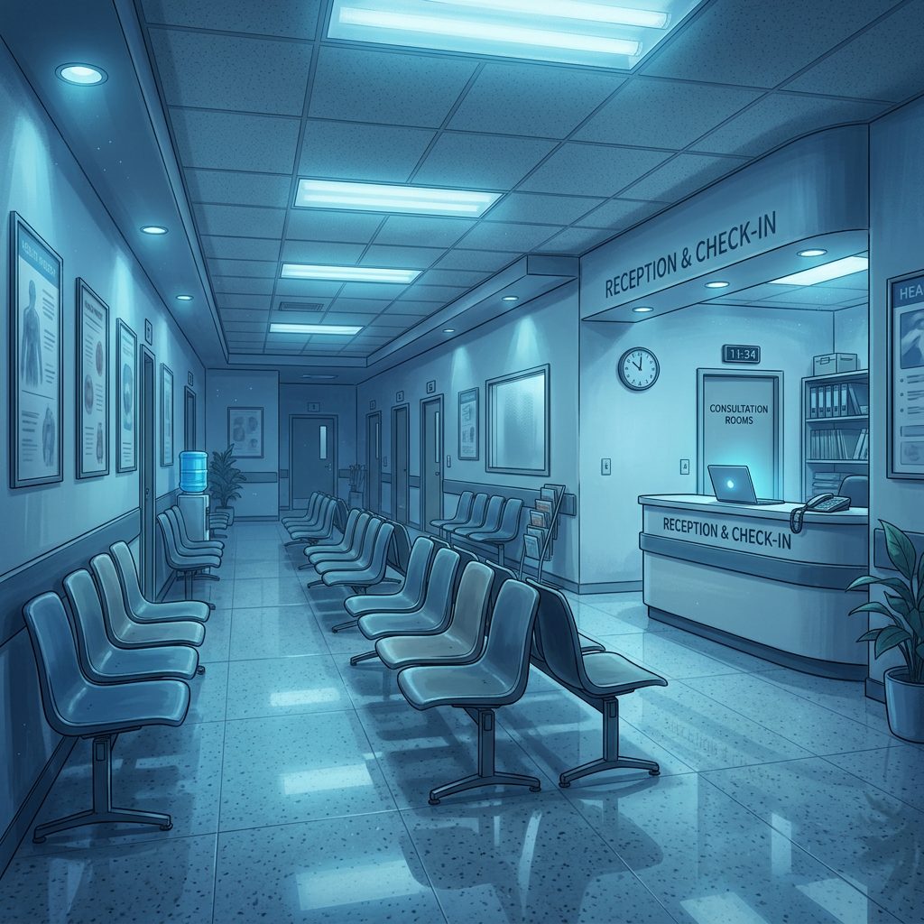 Empty hospital waiting area with chairs, reception desk, clock, and consultation rooms door