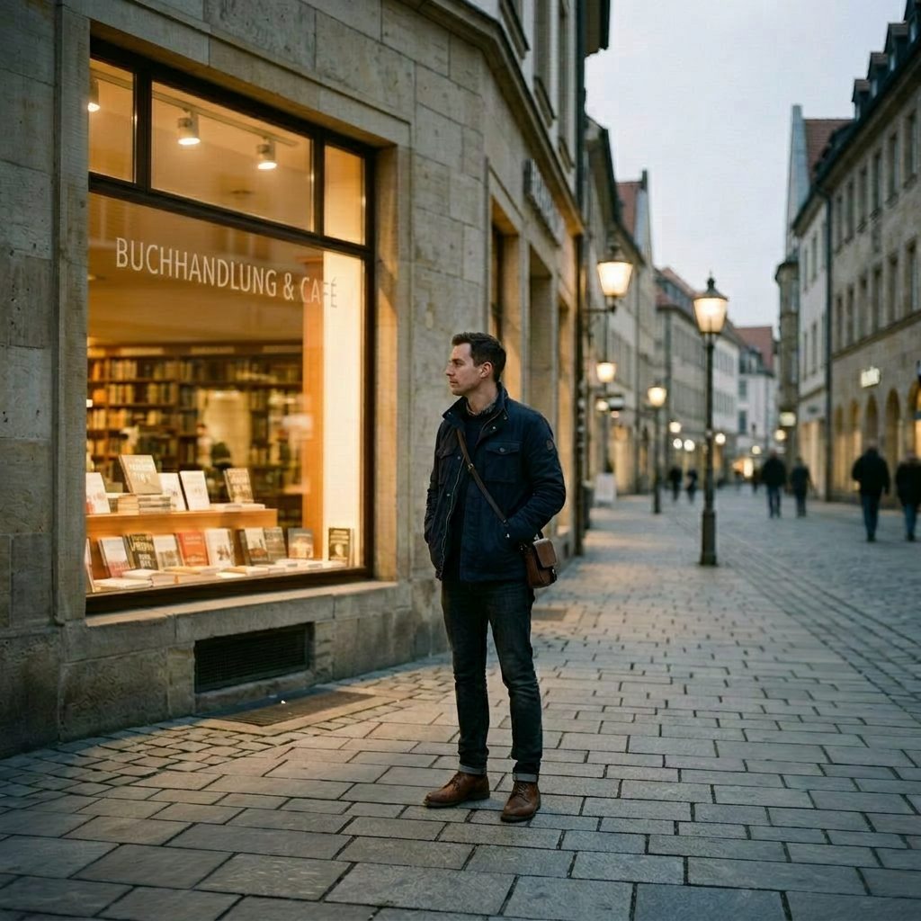 A person walking on a cobblestone street outside a bookstore and café with warm indoor lighting