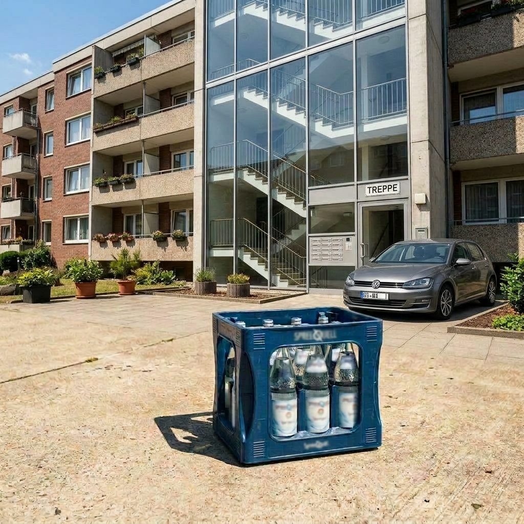 Parked car with crate of bottled drinks in dim garage near stairway