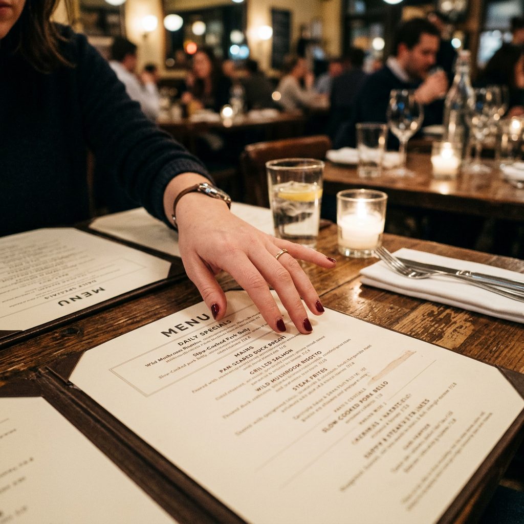 Hand pointing at restaurant menu on wooden table with drinks and candle