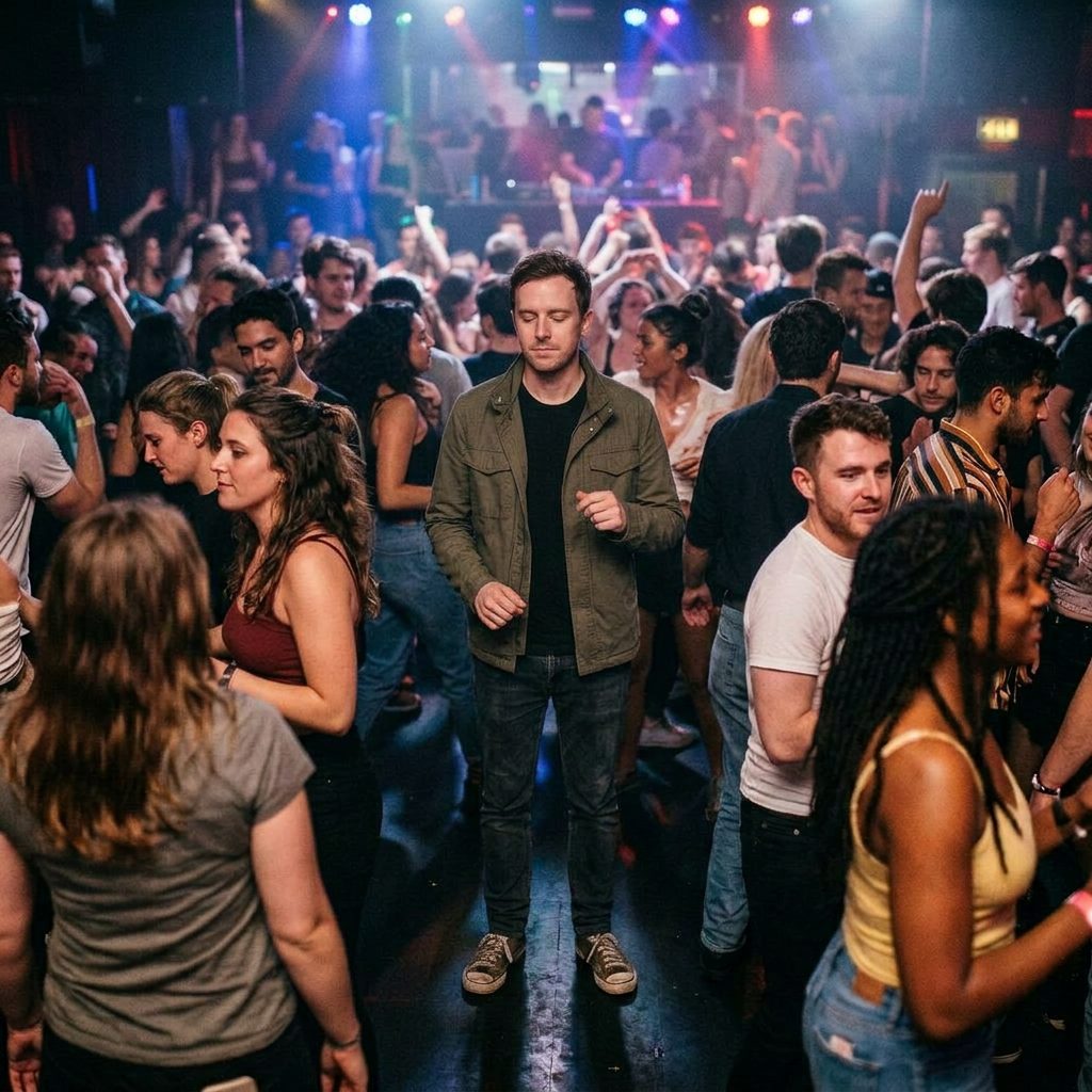 Man dancing among crowd, ignored, grounded, static foreground