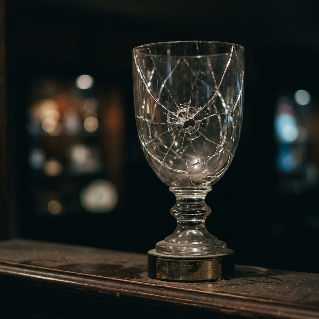 Glass trophy with a large circular crack on a dark wooden surface