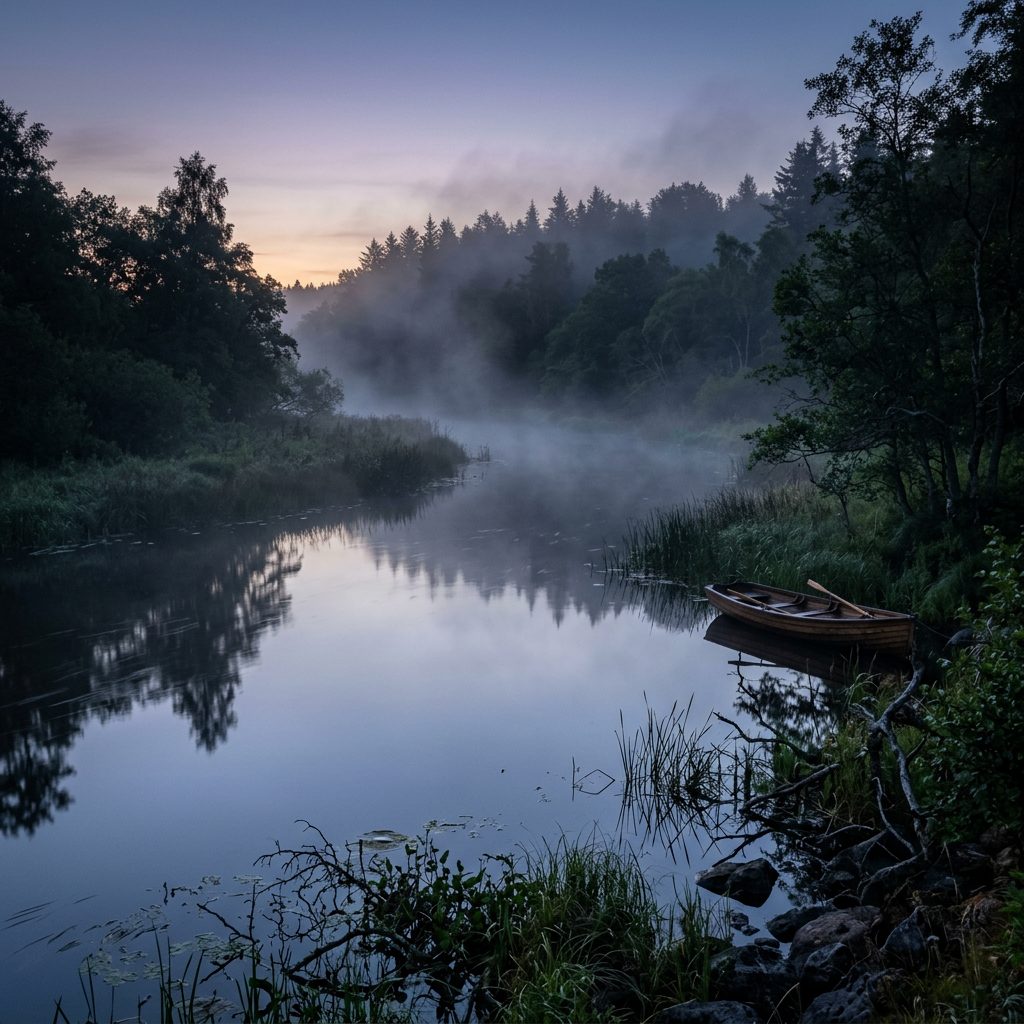 Calm river with morning mist and a wooden rowboat on the bank