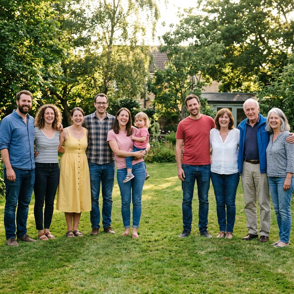 Group of ten family members standing together in a garden during daylight