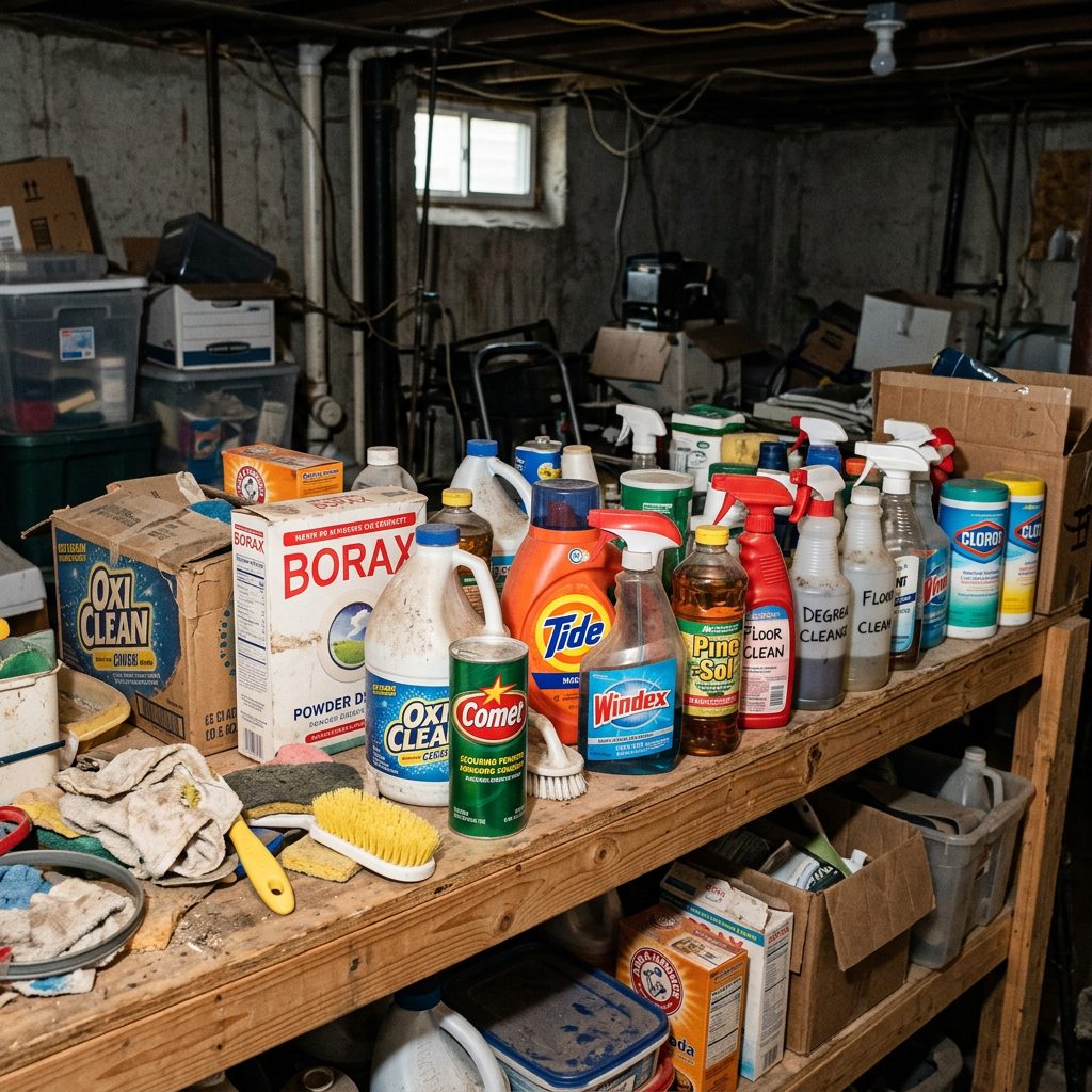 Assortment of cleaning products including Borax, OxiClean, Tide, Windex, and spray bottles on a wooden table