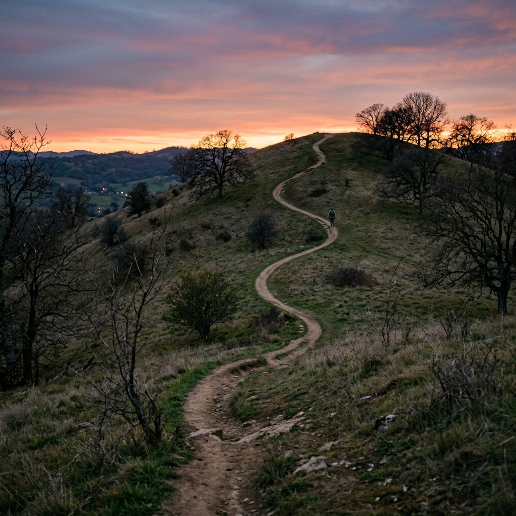 Dirt trail winding up a grassy hill with bare trees and a person hiking at sunset